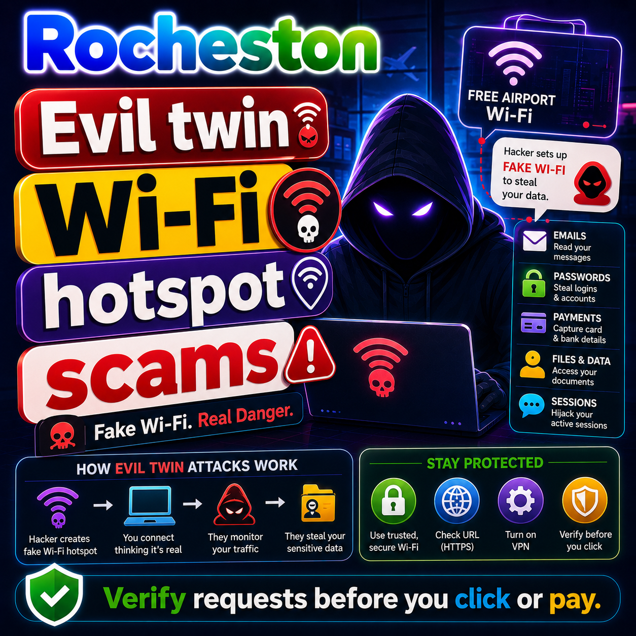 ZelSafe awareness card about evil twin Wi-Fi hotspot scams